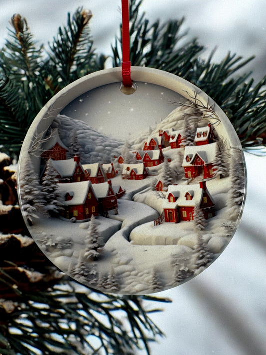 classic hillside snow scene ornament