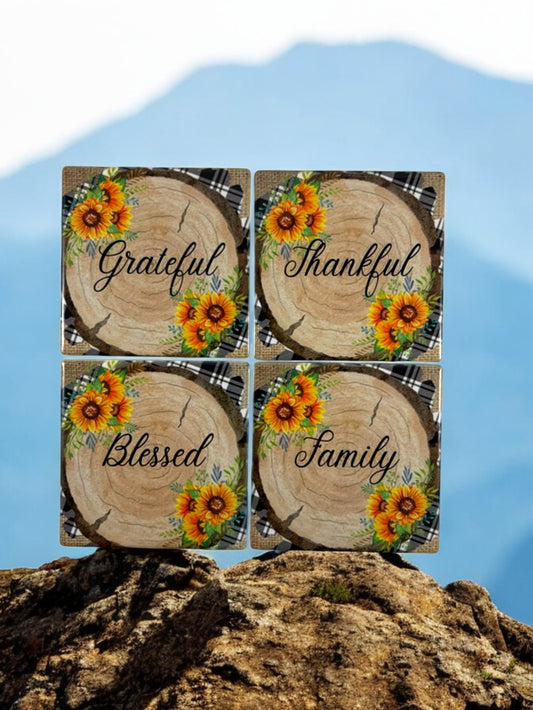 grateful, thankful, blessed and family coaster set