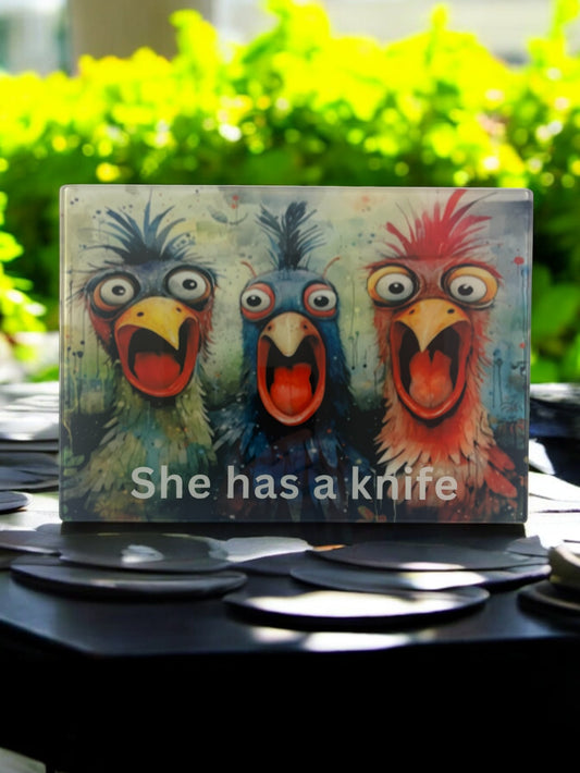 crazy chicken glass cutting board