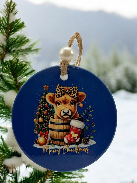 highland cow blue background ornament