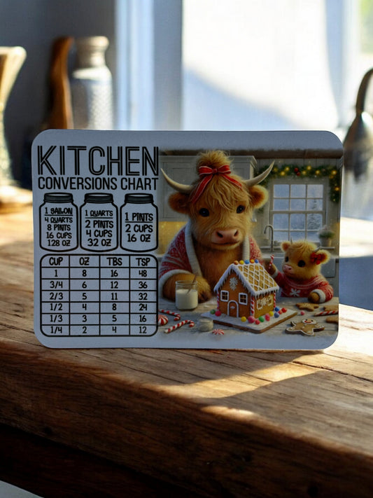 kitchen conversions chart with mommy and baby highland cow's fridge magnet