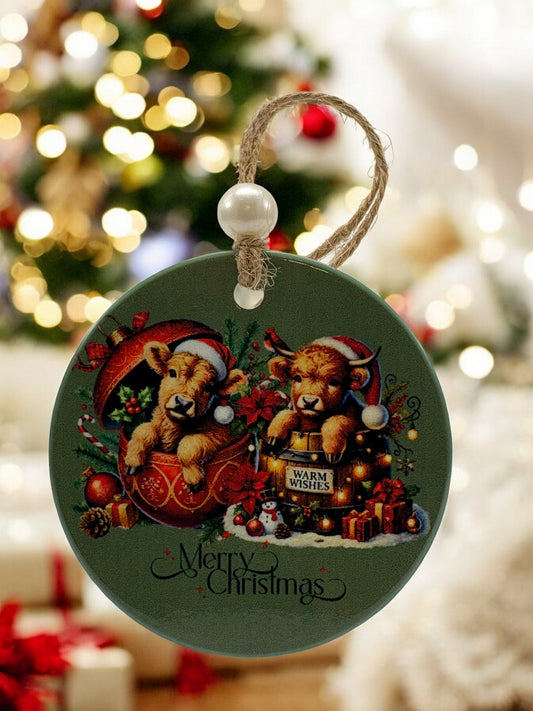 highland cow green background ornament