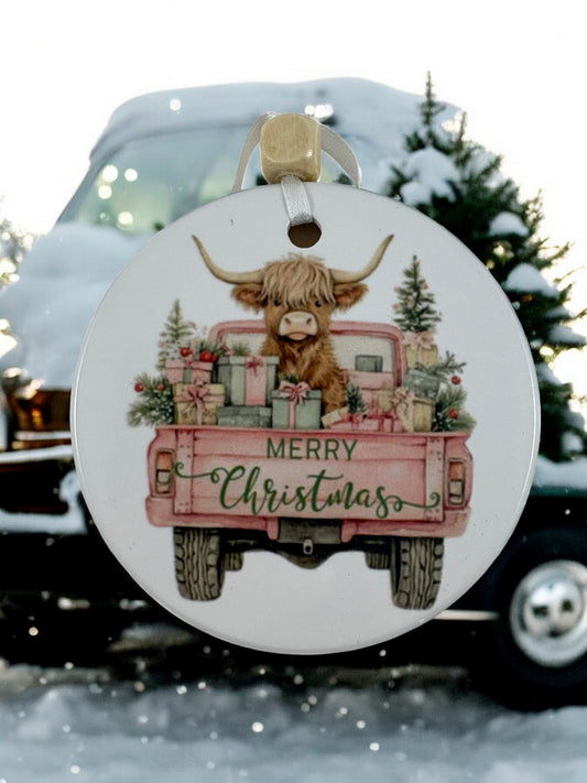 highland cow in pickup truck ornament