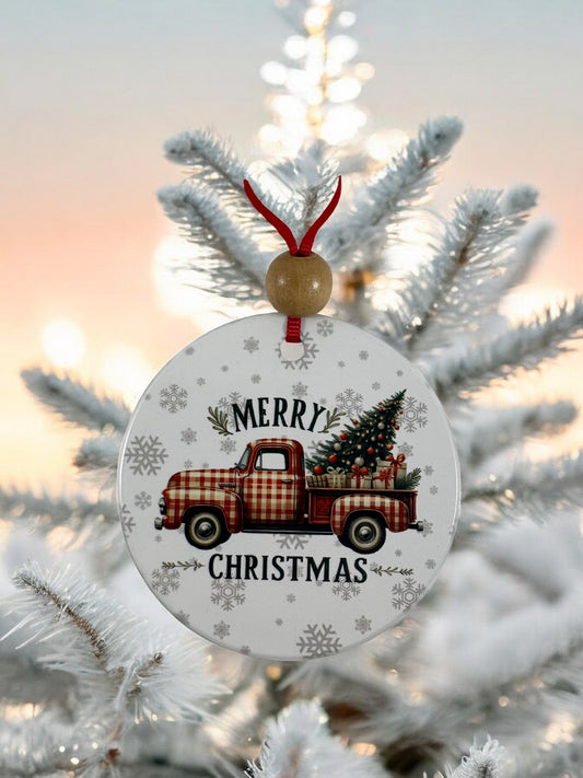merry Christmas red farm truck ornament