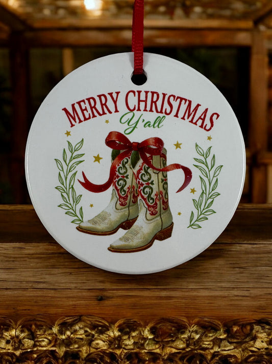 merry Christmas cowboy boots ornament