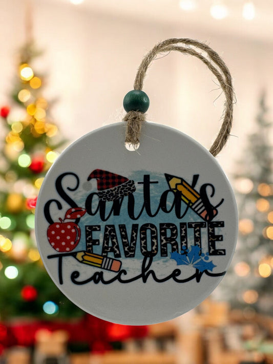 Santas favorite teacher white ornament