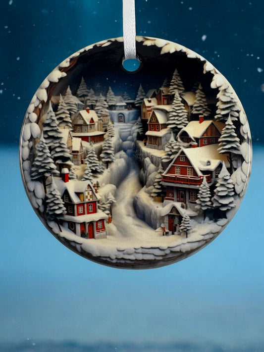 Christmas village snow scene ornament