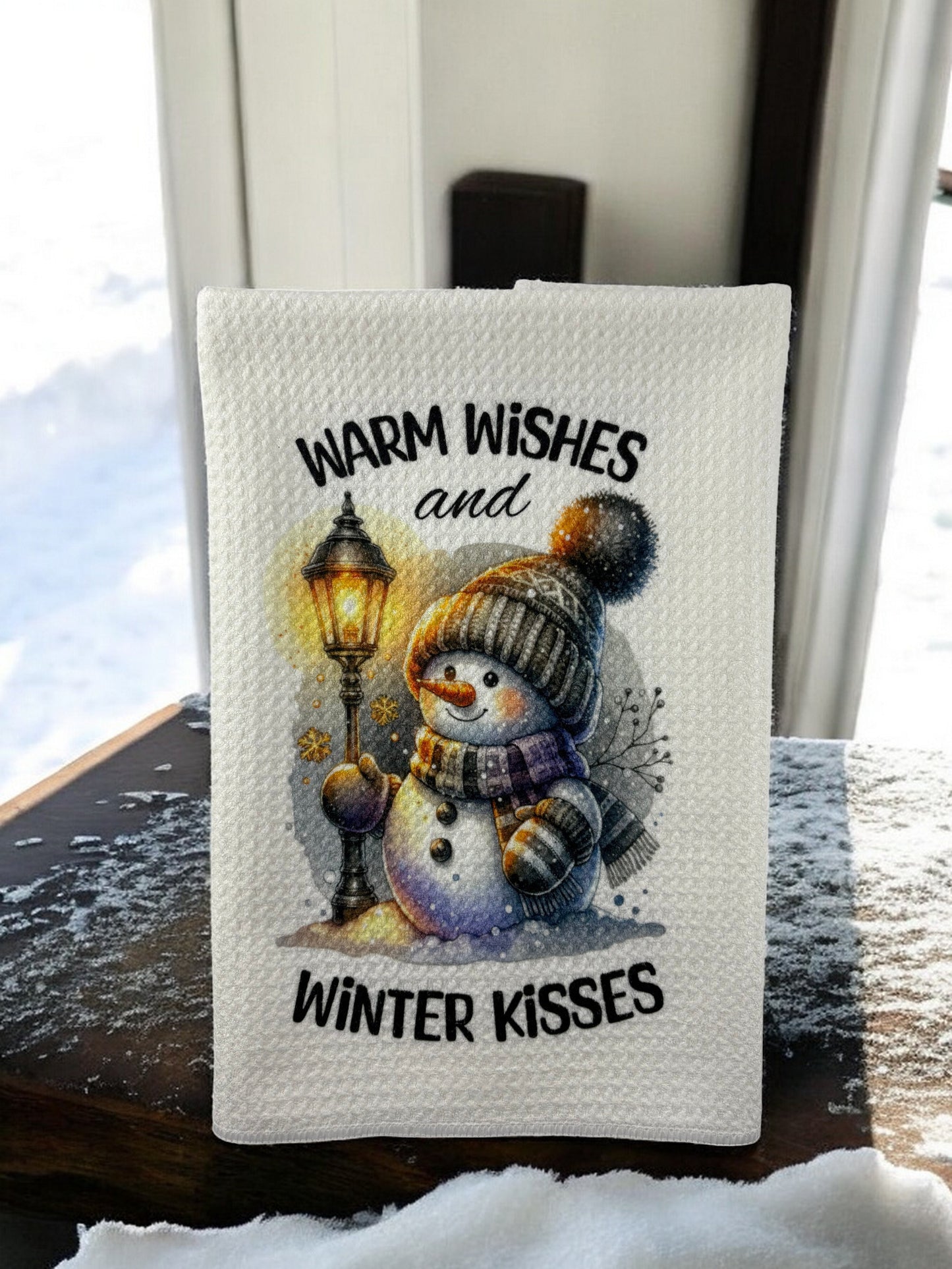 warm wishes and winter kisses waffle towel